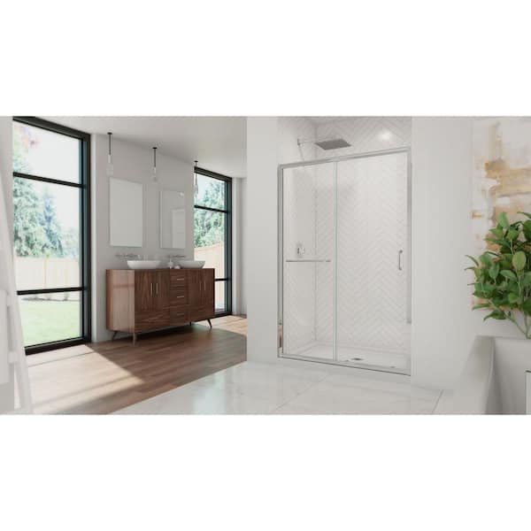 Infinity-Z 36 in. x 48 in. Semi-Frameless Sliding Shower Door in Chrome with Center Drain White Acrylic Base