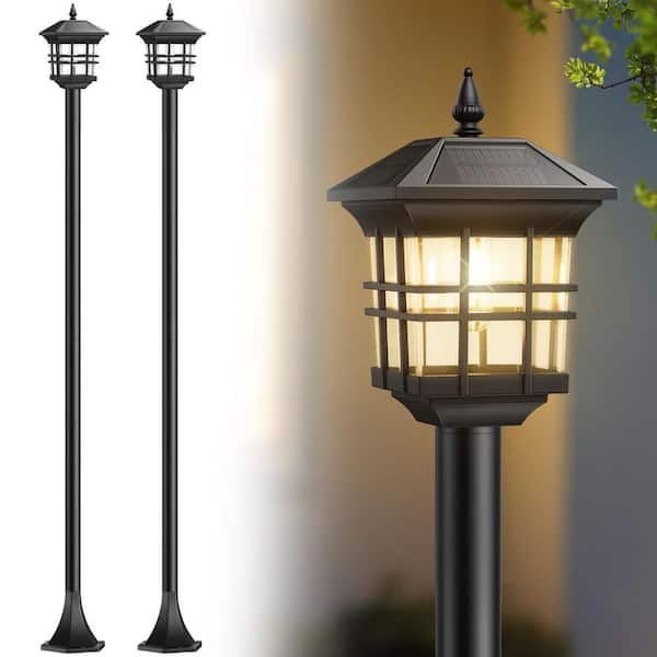 78 in. 2-Pack Black Metal Solar Outdoor Waterproof Post Light with LED Bulbs