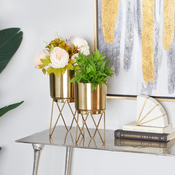 12 in., and 10 in. Medium Gold Metal Planter with Removable Stand (2- Pack)