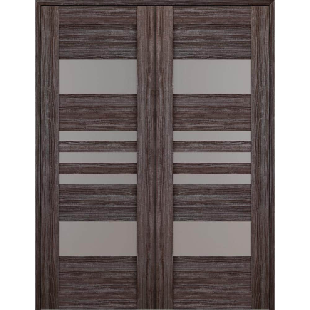 Gray Oak Solid Core Prehung Double French Door with Frosted Glass