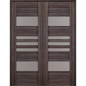 Leti 72 in. x 80 in. Both Active 5-Lite Frosted Glass Gray Oak Finished Wood Composite Double Prehung French Door
