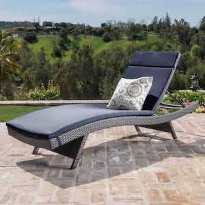 Miller Gray Armless Faux Rattan Outdoor Patio Chaise Lounge with Navy Blue Cushion