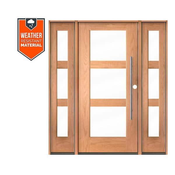 Modern Faux Pivot 64 in. x 79 in. Left-Hand/Inswing 3-Lite Clear Glass Teak Stain Fiberglass Prehung Front Door with DSL