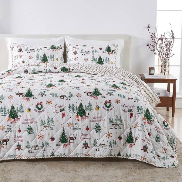 FRESHFOLDS White Cheerful Colorful Christmas 3-Piece Quilt Set, King
