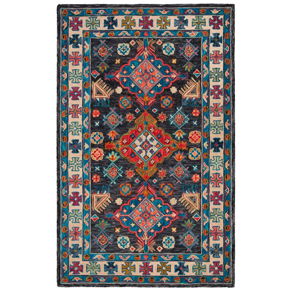 Aspen Charcoal and Blue Handmade Wool Floral Area Rug