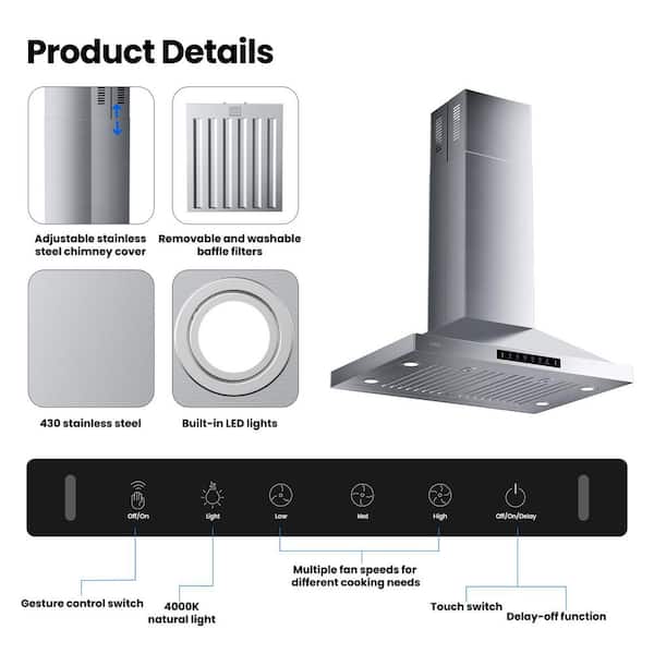 30 in.700 CFM Convertible Island Range Hood in Stainless Steel with Gesture/Touch Control, LED Lights