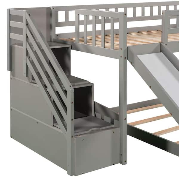 Stairway Gray Twin Over Twin Bunk Bed Frame with Slide and Storage  Staircase, Low Wood Bunk Bed for Kids Boys Girls