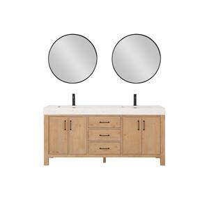 León 72 in.W x 22 in.D x 34 in.H Double Sink Bath Vanity in Fir Wood Brown with White Composite Stone Top and Mirror