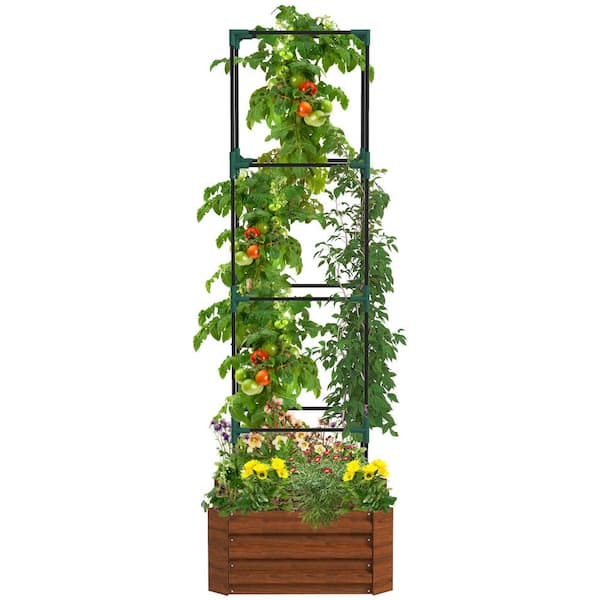 Outsunny Raised Garden Bed 24 in. x 24 in. x 11.75 in. Galvanized Steel Planter with Tomato Cage Open Bottom Climbing Vines Brown