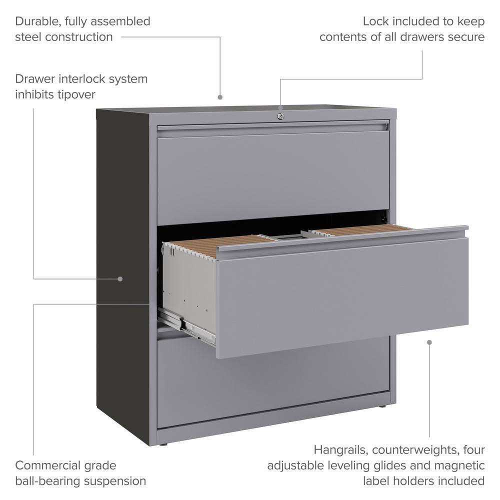 36" Wide Arctic Silver Metal 3-Drawer Lateral File Cabinet