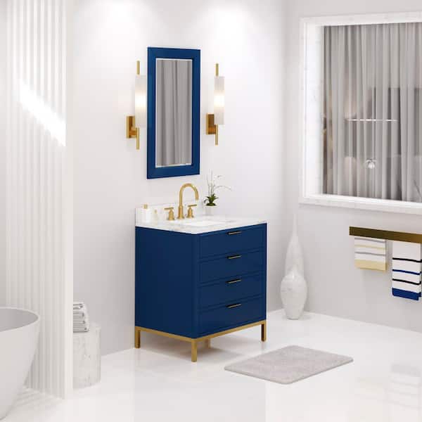 Bristol 30 in. W x 21.5 in. D Vanity in Monarch Blue with Marble Top in White with White Basin and Grooseneck Faucet