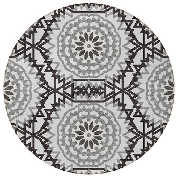 White, Black, Gray 8 ft. Round Woven Floral, Medallion Polyester Round Indoor/Outdoor Area Rug