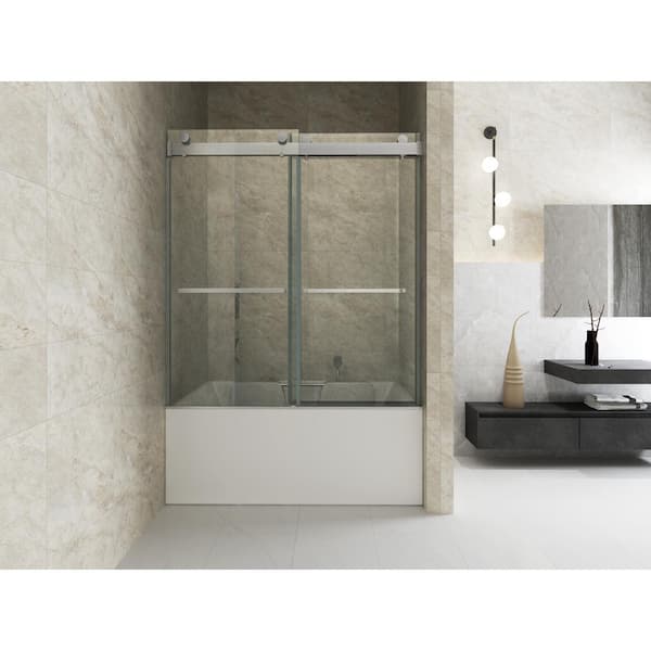 LORDEAR 56 in. to  60 in. W x 65 in. H Double Sliding Frameless Tub Door in Chrome with 3/8 in. Tempered Clear Glass