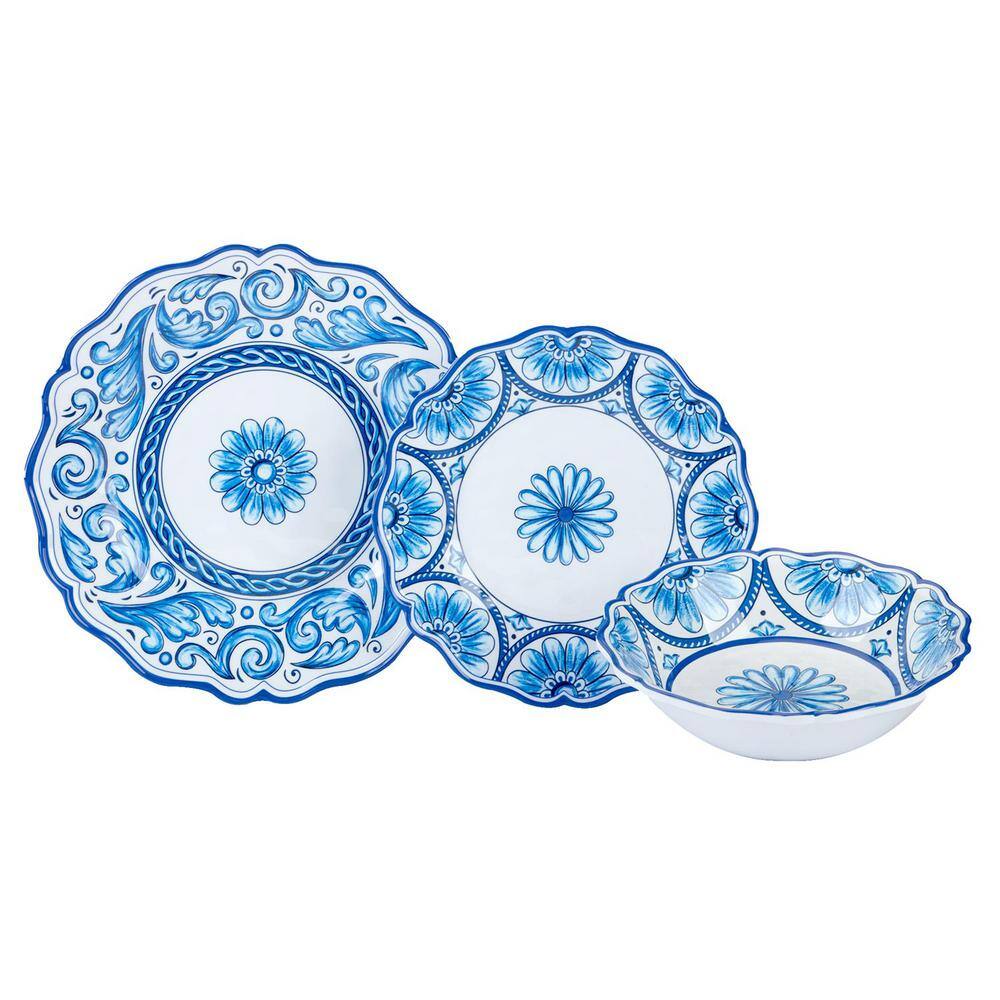 Blue and White Floral Melamine Dinnerware Set, Service for 4
