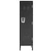 Front view of a black metal storage cabinet on white.