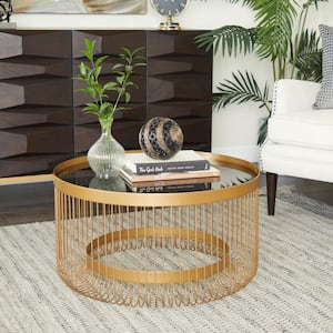 32 in. Gold Round Metal Coffee Table with Tinted Glass Top