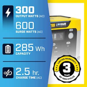 285-Wh Power Station 600/300-Watt Portable Lithium-Ion Battery Solar Generator