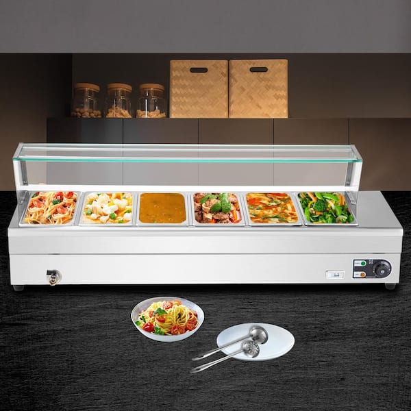 6-Pan Commercial Bain Marie Buffet Food Warmer Large Capacity 42 Quart,110V  1500W Electric Steam Table 6inch Deep Stainless Steel Countertop Food