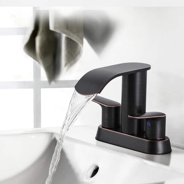 4 in. Centerset Double Handle Waterfall Bathroom Faucet with Drain Kit and Supply Lines Included in Oil Rubbed Bronze