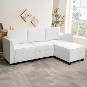 87.01 in. Modern Faux Leather Sectional Sofa Couch with Chaise, Convertible Sofa with Storage in Bright White