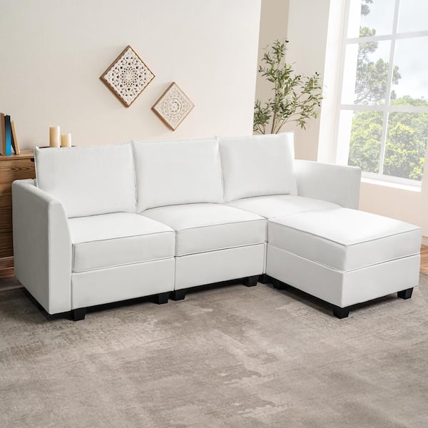 HOMESTOCK 87.01 in. Modern Faux Leather Sectional Sofa Couch with Chaise, Convertible Sofa with Storage in. Bright White