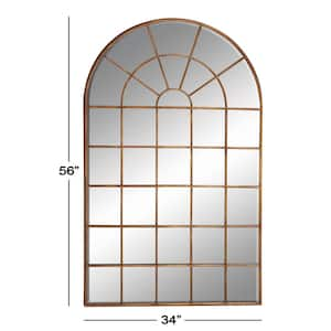 56 in. x 34 in. Window Pane Inspired Arched Framed Brown Wall Mirror with Arched Top