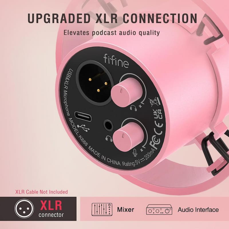 XLR/USB Dynamic Microphone for Streaming Recording with Tap to Mute, Gain Knob, Headphones Monitoring Amplitank Pink