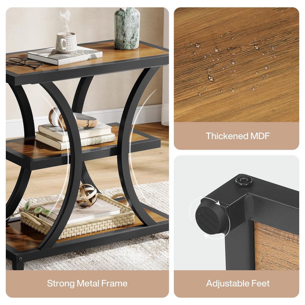 23.6 in. Rustic Brown Rectangle Engineered Wood End Table with Storage Shelves, Narrow Side Table with Metal Frame - thumbnail 5