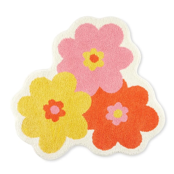 Blossom Retro Daisy 31.5 in. x 31.5 in. Orange/Yellow Polyester Washable Bathmat
