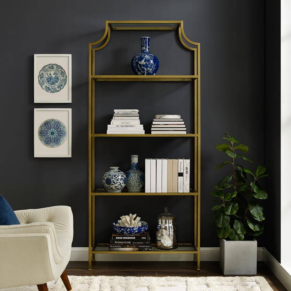 Black Steel Modern Pagoda-Style Etagere with Glass Shelves