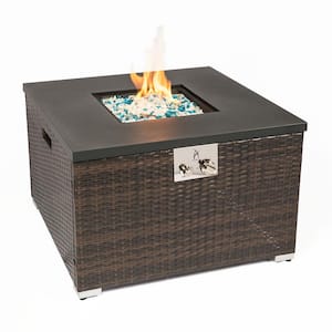32 in. Rattan Outdoor Fire Table Square Gas Fire Pit in Brown