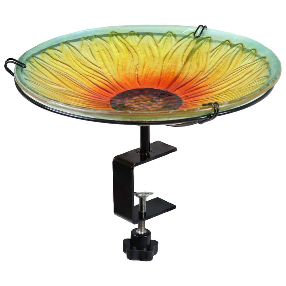 Blooming Sunflower Glass Bird Bath with Iron Stake and Clamp