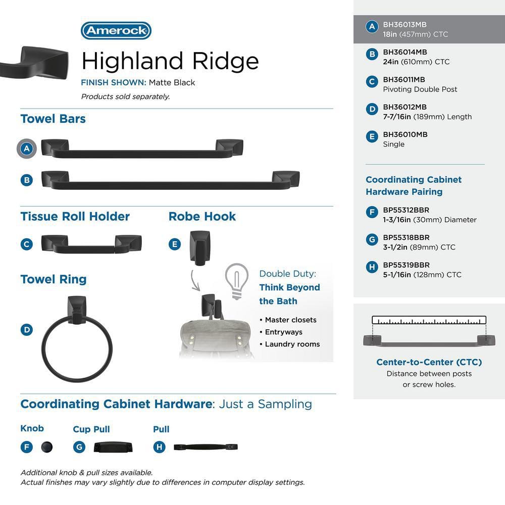 Highland Ridge 18-Inch Matte Black Wall Mounted Towel Bar