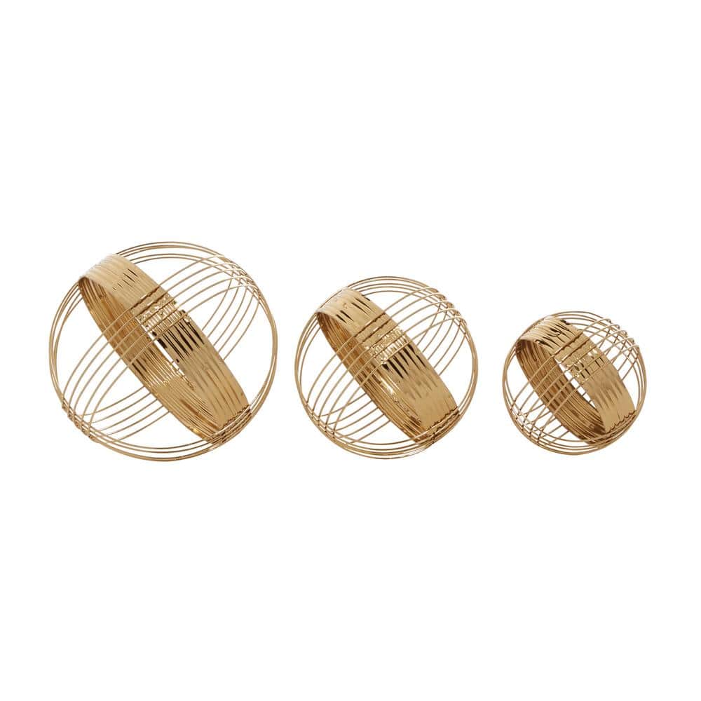 Gold Metal Geometric Wire Orb Sculptures, Set of 3