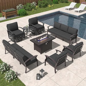 10-Seat Aluminum Patio Conversation Set with armrest, Firepit Table, Swivel Rocking Chairs and Black Cushions