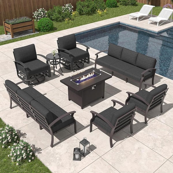 Halmuz 10-Seat Aluminum Patio Conversation Set with armrest, Firepit Table, Swivel Rocking Chairs and Black Cushions