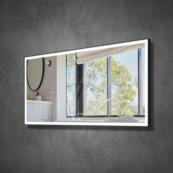 84 in. W x 42 in. H Large Rectangular Heavy Duty Framed Wall Defog Plug Light LED Bathroom Vanity Mirror Black, Dimmable