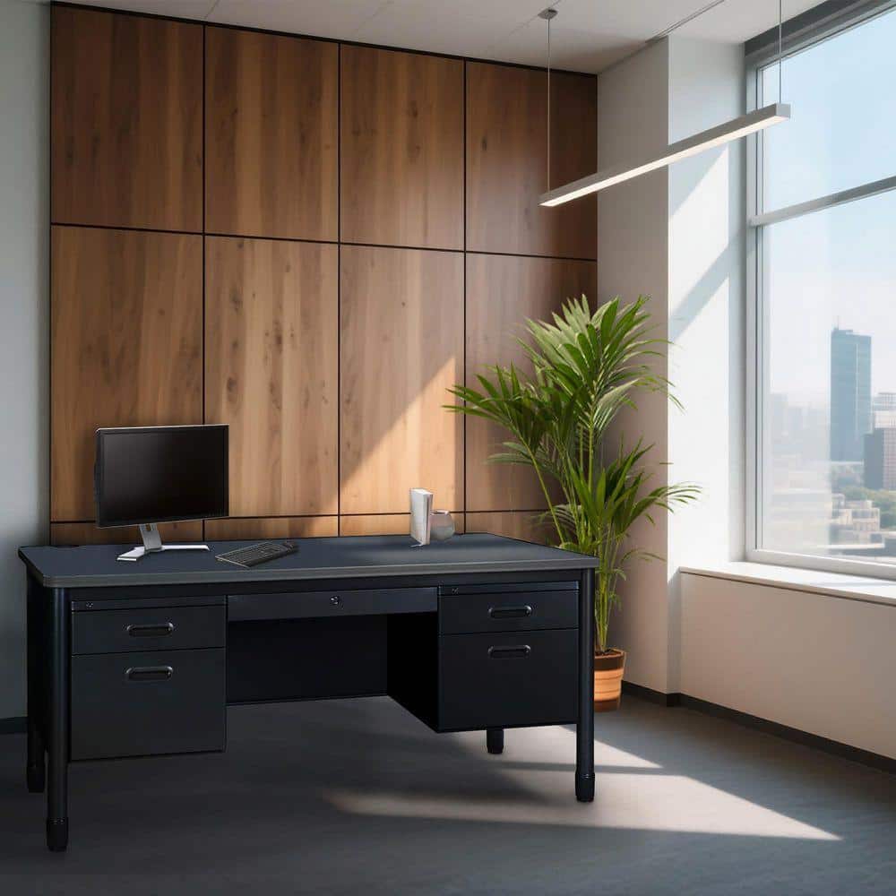 Mesa 60 in. Grey Top Steel Double Pedestal Teacher's Office Desk with Center Drawer, Black Base