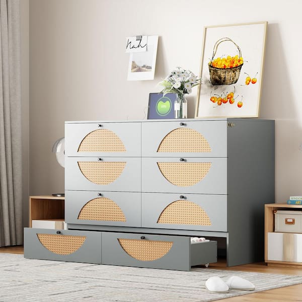 Harper & Bright Designs Gray Wood Frame Full Size Murphy Bed Half-Moon Rattan Design with Large Drawer, USB Ports and Outlets