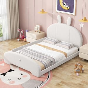 White Wood Full Size Teddy Fleece Upholstered Platform Bed with Cartoon Ears Shaped Headboard and One Side BedRail
