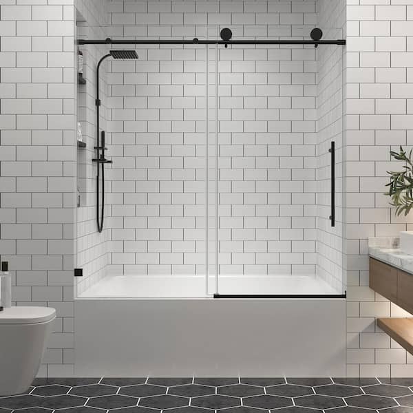 60 in. W x 63 in. H Sliding Frameless Tub Door in Matte Black Finish with 5/16 in. Clear Tempered Glass