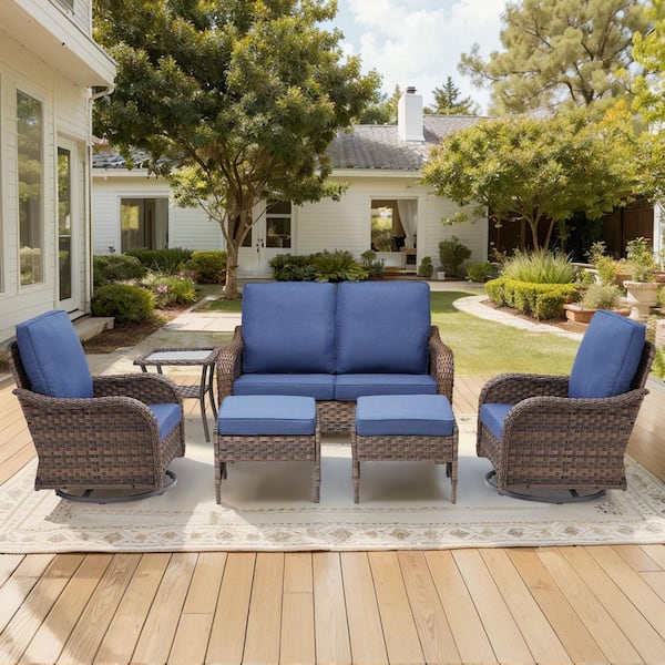 Rainf 6-Piece Wicker Patio Conversation Sets with Swivel Rockers, Outdoor Loveseat Sofa Seating Set with Blue Cushions