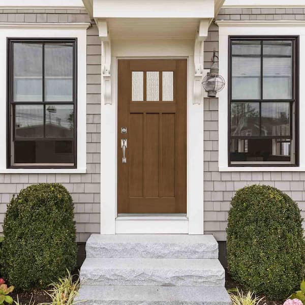 36 in. x 80 in. Medium Oak Left-Hand Inswing 3 Lite Frosted Craftsman Stained Fiberglass Prehung Front Door