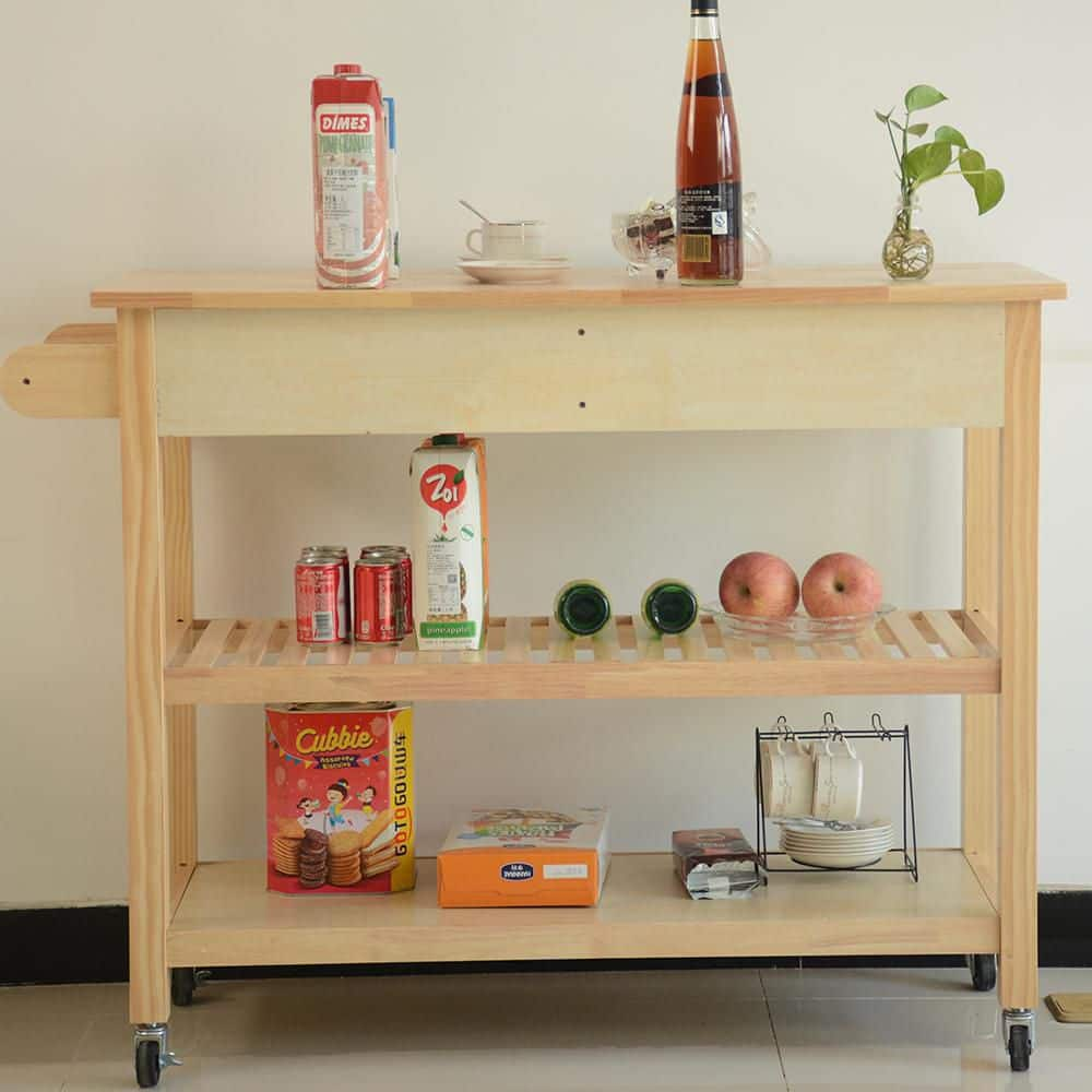  Natural Mobile Kitchen Island Rubber Wood Top with 2-Lockable Wheels and Towel Holder