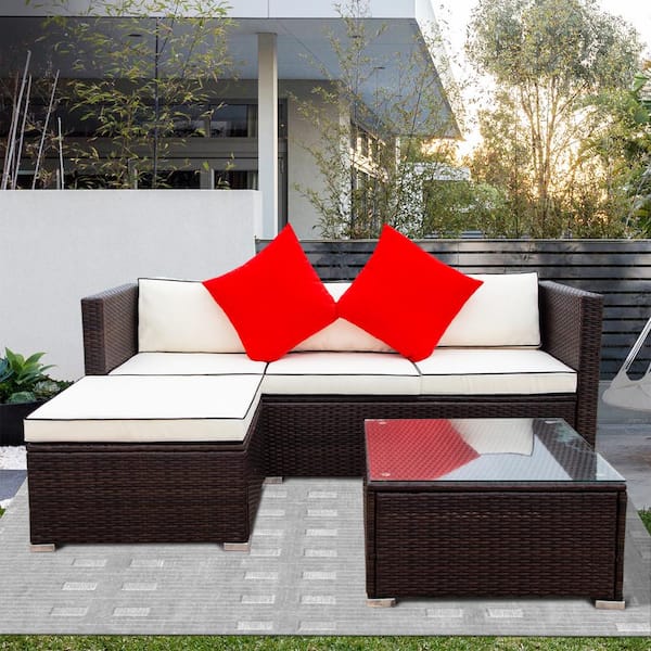 Harper & Bright Designs Simple Design Brown 3-Pieces Wicker Outdoor Sectional Set with Beige Cushions