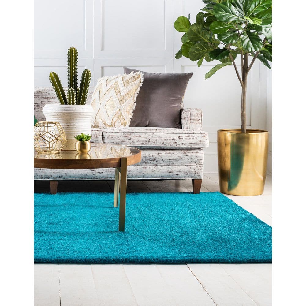 Turquoise Rectangular Solid Shag Synthetic Area Rug