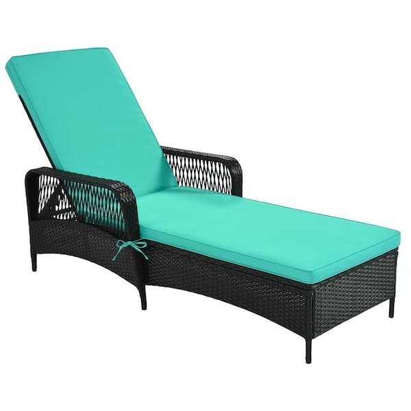 Polibi Black Frame Wicker Patio PE Rattan Foldable Outdoor Chaise Lounger with Adjustable Backrest,Green Cushion Set of 1