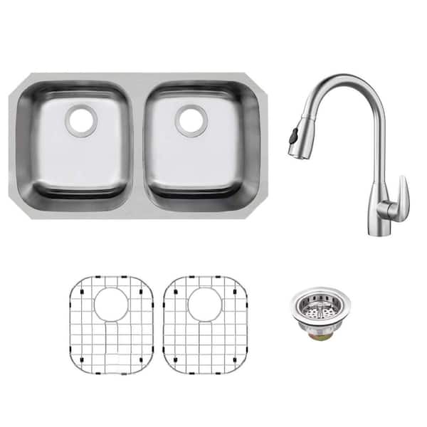 32 in. Undermount 50/50 Double Bowl 18-Gauge Stainless Steel Kitchen Sink with Pull Down Sprayer Kitchen Faucet