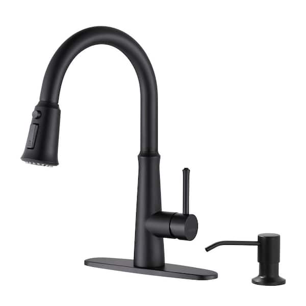 WOWOW Single Handle Pull Down Sprayer Kitchen Faucet with Soap Dispenser in Black
