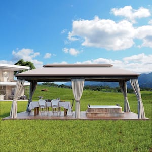 20 ft. x 10 ft. Outdoor Patio Double Vented Roof Gazebo with Beige Curtains and Mosquito Netting
